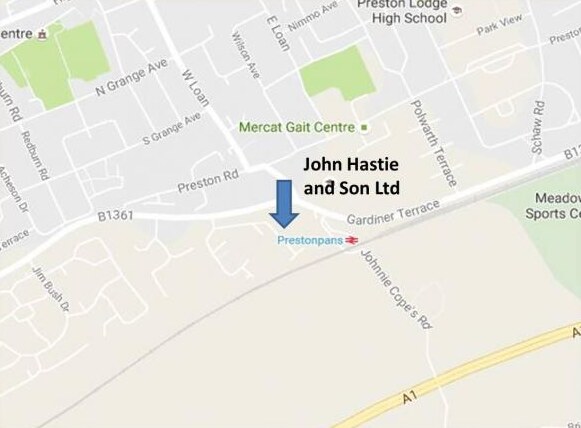 Street map showing John Hastie and Son Ltd next to Prestonpans railway station on the B1361